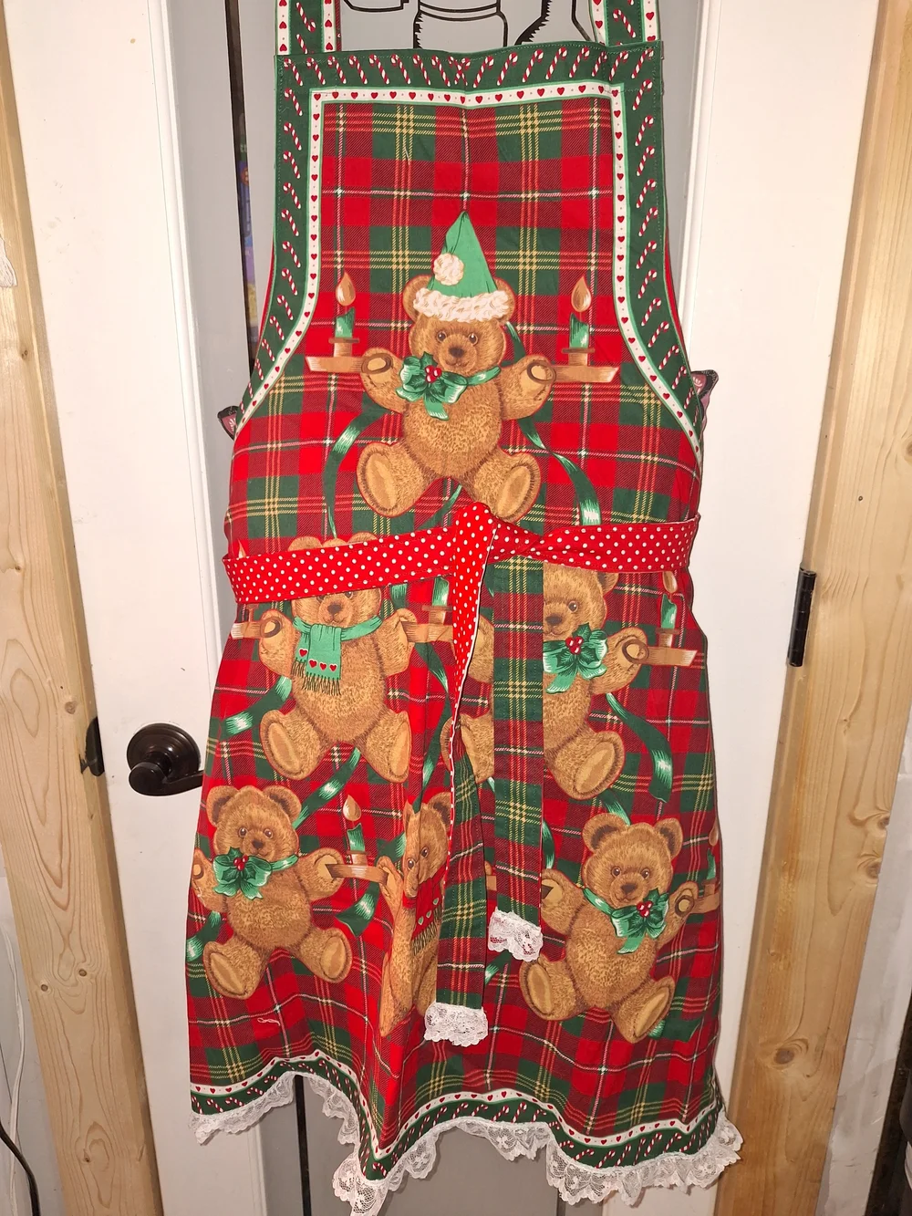 Vintage Red Plaid Teddy Bear Holiday Apron with Green Accents